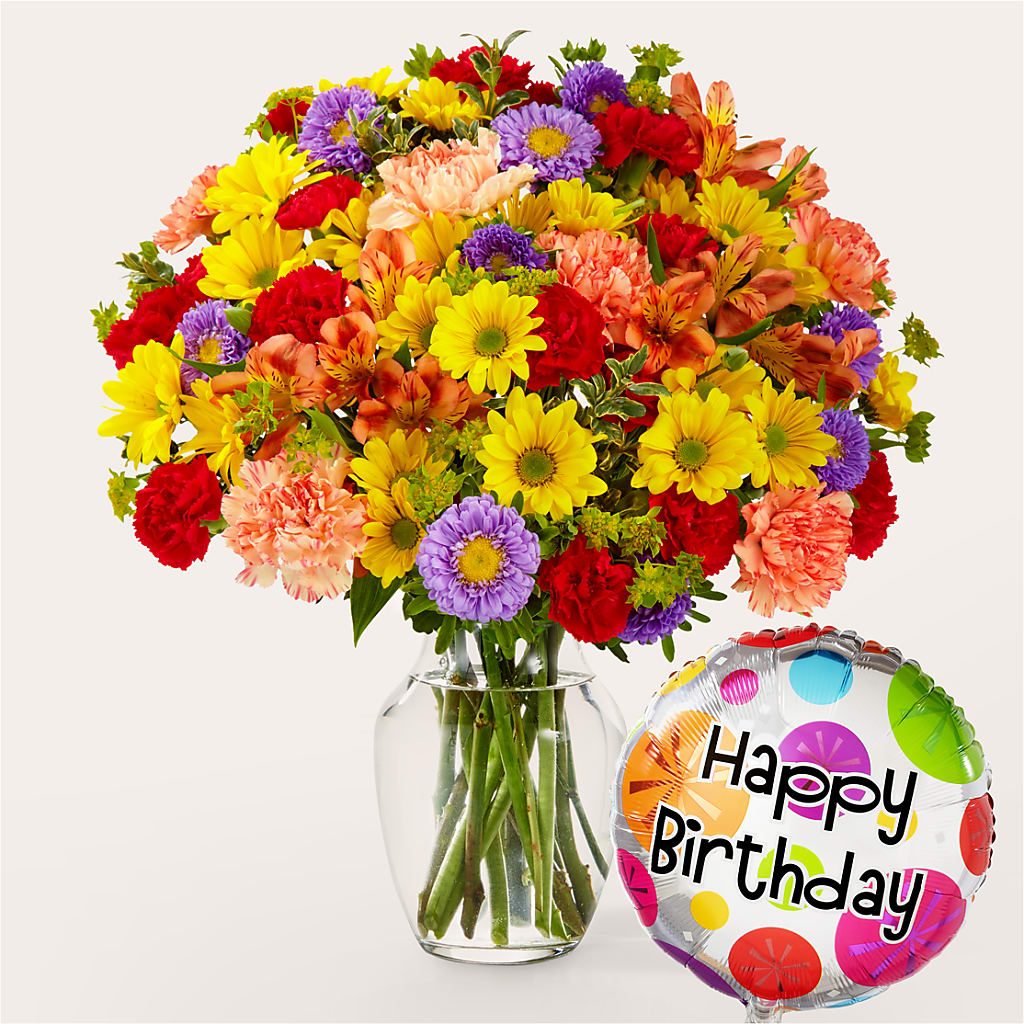 Kaleidoscope Bouquet with Birthday Balloon – Whittier Blossom Shop, Whittier CA