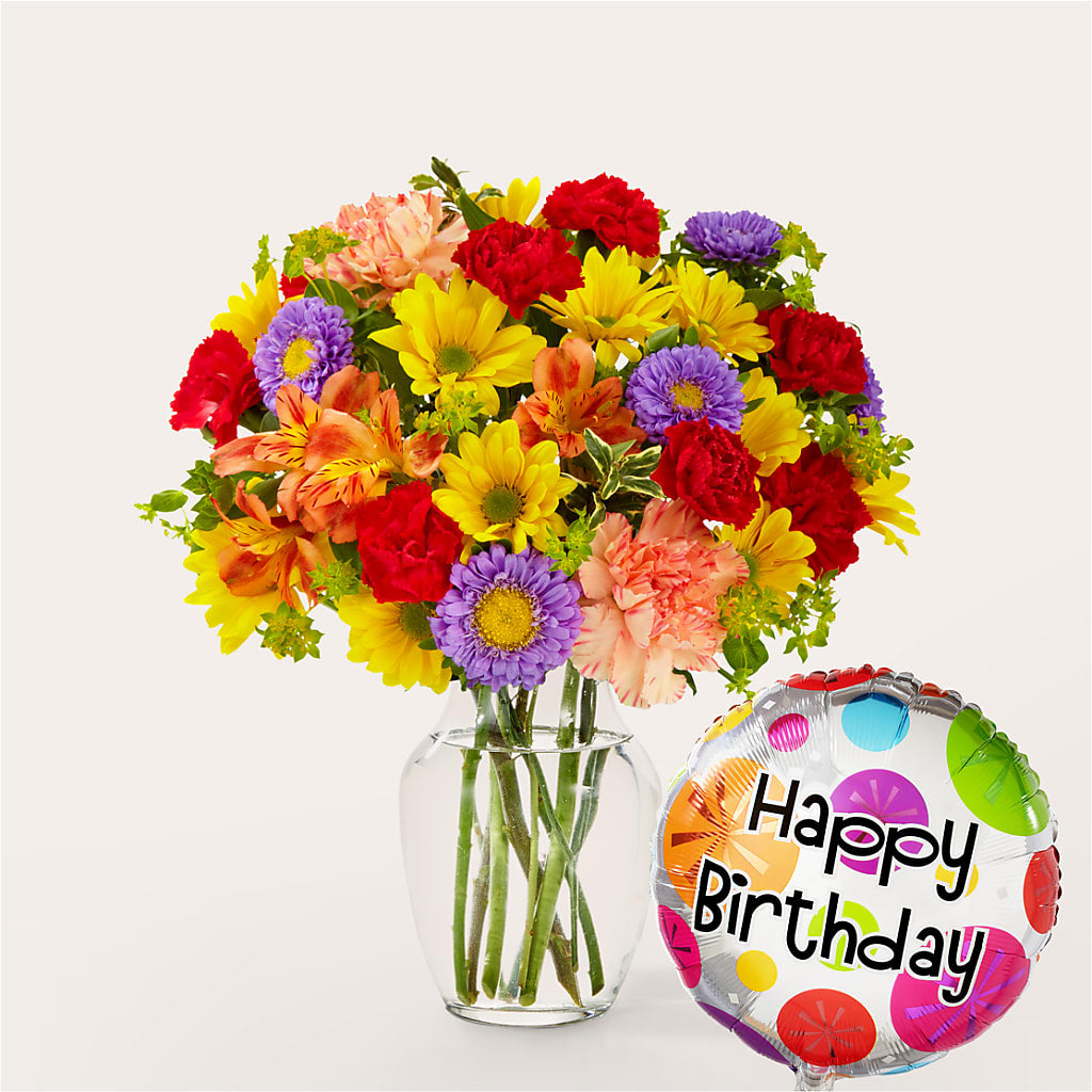 Kaleidoscope Bouquet with Birthday Balloon – Whittier Blossom Shop, Whittier CA