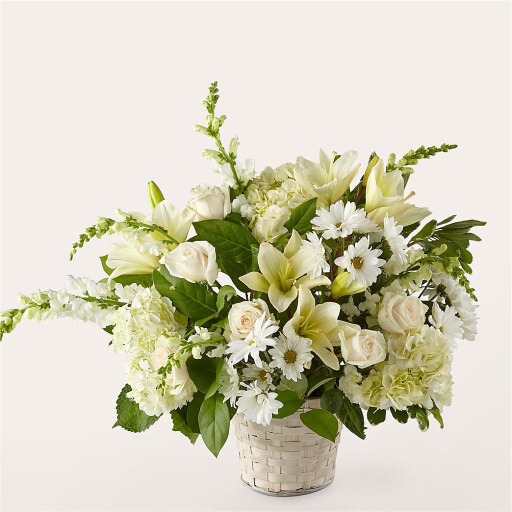Ivory Elegance Floral Basket – Whittier Blossom Shop, Whittier CA