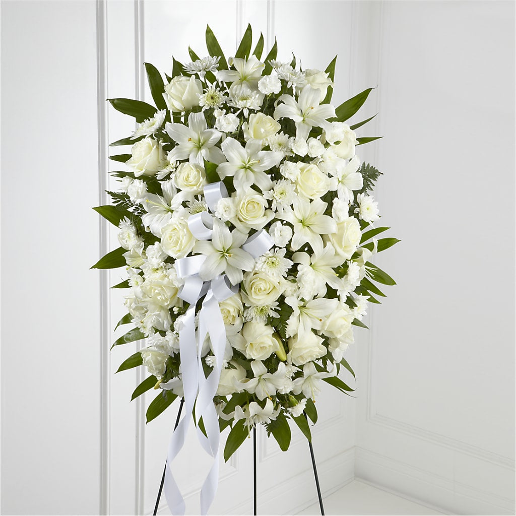 Exquisite Tribute Standing Spray-White Ribbon – Whittier Blossom Shop, Whittier CA