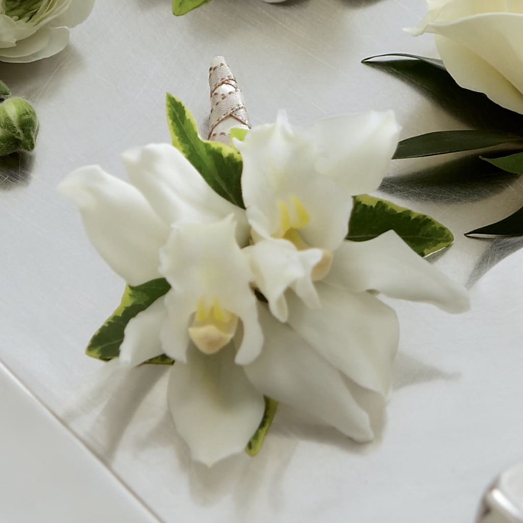 White Mini Cymbidium Boutonniere – Whittier Blossom Shop, Whittier CA